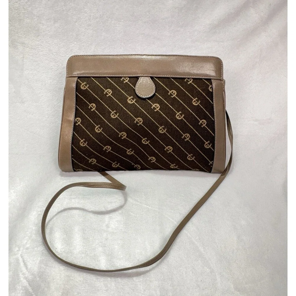 Vtg Etienne Aigner Shoulder Bag Purse Brown Logo Leather Trim Old Money Grandma